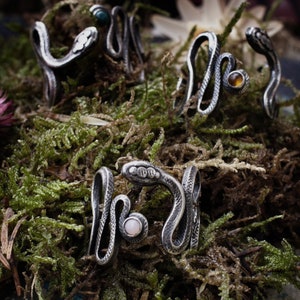SERPENT adjustable snake ring in sterling silver with gemstone