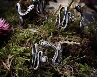 SERPENT adjustable snake ring in sterling silver with gemstone