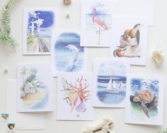 Watercolor Beach Stationery Cards | Thank You | Blank Folded | Nautical | Tropical | Ocean | Set of 8