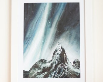 Ascent Watercolor Print | Mountains | Sky | Rustic | Landscape | Night Sky