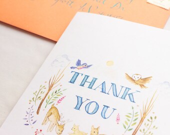 Woodland Creatures Thank You Card: Hand-Drawn Watercolor Illustration