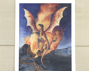 Volcanic Dragon Watercolor Print | Fantasy | Dragons | Fire | Volcano | Mountains