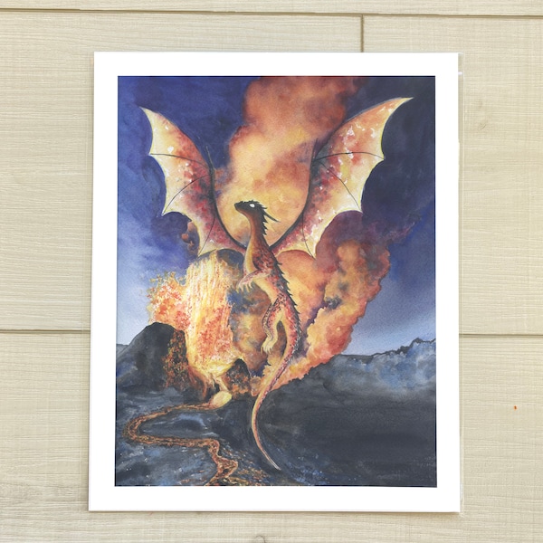 Volcanic Dragon Watercolor Print | Fantasy | Dragons | Fire | Volcano | Mountains