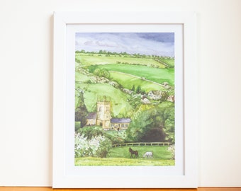 English Countryside Watercolor Print | Castle | Ireland, Scotland | Pastoral | Green | Rolling Hills | Rural | Travel