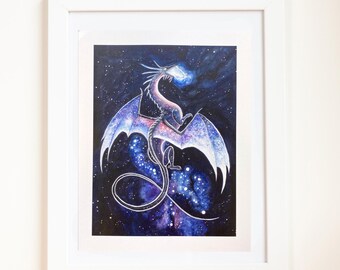Space Dragon Watercolor Print | Fantasy | Dragons | Galaxy | Sky | Planets | Stars | Magic | Nebula