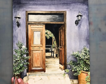 Open Door Original Watercolor Painting | Architecture | Scene | Travel | Realistic | Unique