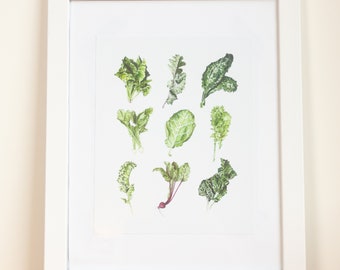 Bountiful Greens Art Print | Watercolor | Farm | Rustic | Healthy | Kitchen | Vegan | Plants | Lettuce | Botanical | Clean