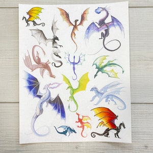 Watercolor Dragon Temporary Tattoos Collection | Fantasy | Dragons | Mythology | Wings | Fire |