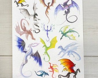 Watercolor Dragon Temporary Tattoos Collection | Fantasy | Dragons | Mythology | Wings | Fire |