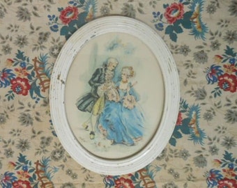 Antique Vintage Oval Colonial Scene Art Metal Frame Chippy Shabby Off-White Cottage Decor 11 1/2" Long