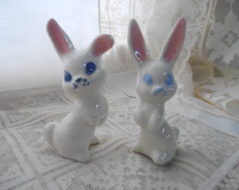 Pair of Vintage Porcelain Bunnies Cute Shelf Pets White Rabbit Collectible Figurines 3 1/2" Tall  Easter Holiday Spring Display Decoration