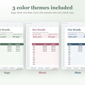 K&ouml;nnte beinhalten: Drei digitale Tabellenkalkulationsvorlagen zur Verfolgung des Nettoverm&ouml;gens in den Farben Salbei, Blush und Schiefer. Jedes Layout enth&auml;lt Spalten f&uuml;r Monat, Verm&ouml;genswerte und Verbindlichkeiten mit den &Uuml;berschriften Net Worth, Assets minus debts, every month, Net worth now und Change this year.