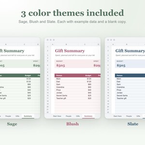 Puede incluir: Tres plantillas de hoja de c&aacute;lculo digital tituladas Gift Summary en temas de color salvia, rubor y pizarra. Cada dise&ntilde;o muestra datos de presupuesto y gastos para personas, incluyendo columnas para persona, presupuesto y montos planeados.