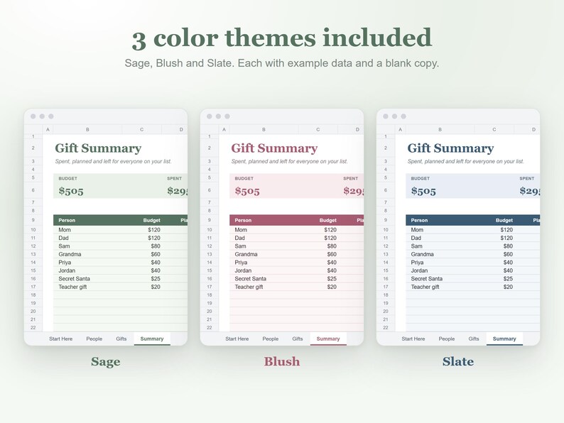 Puede incluir: Tres plantillas de hoja de c&aacute;lculo digital tituladas Gift Summary en temas de color salvia, rubor y pizarra. Cada dise&ntilde;o muestra datos de presupuesto y gastos para personas, incluyendo columnas para persona, presupuesto y montos planeados.