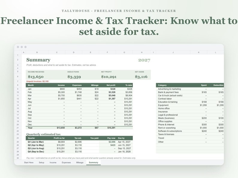 May include: A digital spreadsheet titled Tallyhouse Freelancer Income & Tax Tracker for 2027. The interface displays a summary of income, deductions, net profit, and tax set-asides, with columns for monthly financial data and quarterly estimated tax.