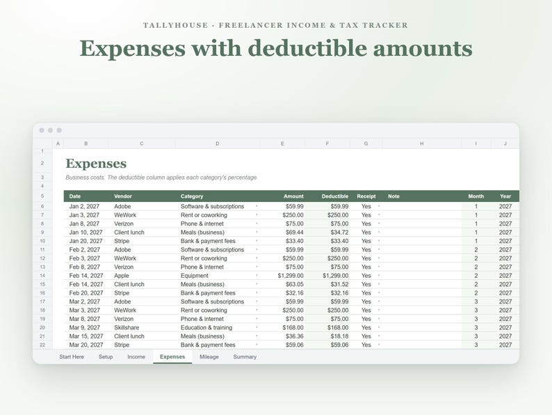 Freelancer Income and Expense Tracker Spreadsheet, Self Employed Tax Estimator, 1099 Quarterly Tax and Mileage Log for Google Sheets image 3