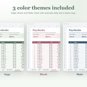 May include: Three digital spreadsheet templates for tracking paychecks in sage, blush, and slate color themes. Each template displays the text Paychecks, Next Payday, Jan 8, and $670, with columns for Payday, Pay, and Bills, plus bottom tabs.