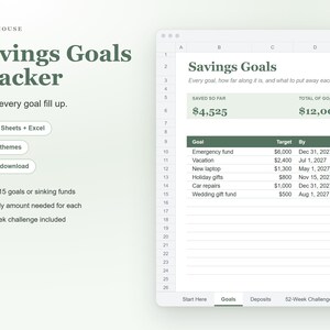 Savings Goal Tracker Spreadsheet, Sinking Funds Tracker and 52 Week Savings Challenge for Google Sheets and Excel