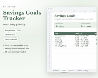 Savings Goal Tracker Spreadsheet, Sinking Funds Tracker and 52 Week Savings Challenge for Google Sheets and Excel
