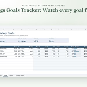 May include: A digital savings goals tracker spreadsheet titled Tallyhouse. The interface displays financial data including saved amounts, total goals, and monthly progress. Columns list specific goals like emergency fund and vacation with corresponding target dates, deposit amounts, and percentage progress bars.