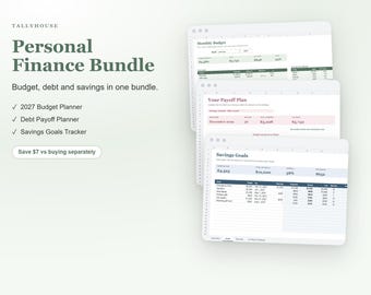 Personal Finance Spreadsheet Bundle: 2027 Budget Planner, Debt Snowball Tracker and Savings Goals Tracker for Google Sheets and Excel