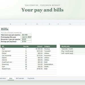 May include: A digital spreadsheet titled Tallyhouse Paycheck Budget Your pay and bills. The document displays columns for bill names, due days, amounts, and categories, including rent, car payments, utilities, and debt, with monthly totals.
