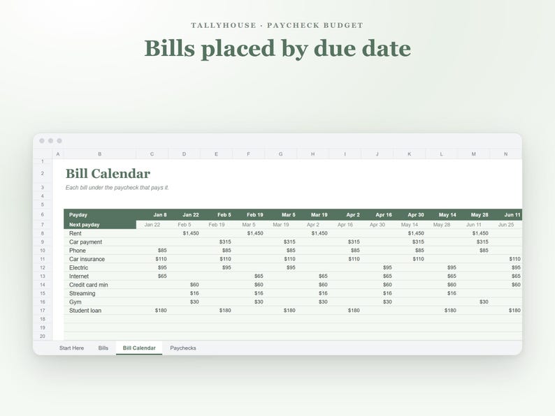 May include: A digital spreadsheet titled Tallyhouse Paycheck Budget featuring a Bill Calendar. The table organizes bills by due date and payday, listing expenses like rent, car payments, insurance, and loans with corresponding dollar amounts.