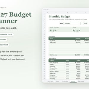 2027 Budget Planner Spreadsheet for Google Sheets and Excel, Monthly Budget Template, Zero Based and 50/30/20 Budget Tracker