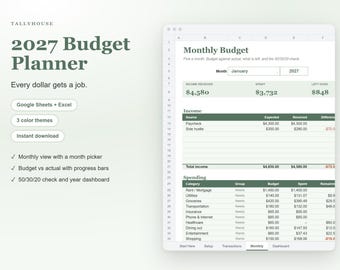 2027 Budget Planner Spreadsheet for Google Sheets and Excel, Monthly Budget Template, Zero Based and 50/30/20 Budget Tracker