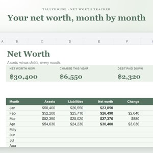 K&ouml;nnte beinhalten: Eine digitale Nettoverm&ouml;gens-Tracker-Tabelle mit dem Titel Tallyhouse - Net Worth Tracker. Die Benutzeroberfl&auml;che zeigt den Text Your net worth, month by month, mit zusammenfassenden Daten f&uuml;r das Nettoverm&ouml;gen in Dollar.