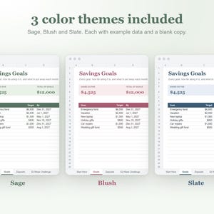 May include: Three digital savings goal spreadsheets in sage, blush, and slate color themes. Each template displays Savings Goals, saved amounts, total goals, and a table with columns for Goal, Target, and By, featuring example data and blank rows.