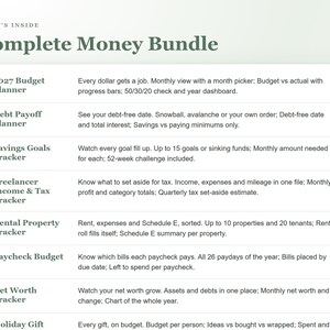 May include: A digital document titled Complete Money Bundle listing financial tools including a 2027 Budget Planner, Debt Payoff Planner, Savings Goals Tracker, Freelancer Income & Tax Tracker, Rental Property Tracker, Paycheck Budget, and Net Worth Tracker.