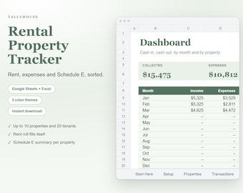 Rental Property Spreadsheet for Landlords, Rent Tracker, Income and Expense Tracker and Schedule E Summary for Google Sheets and Excel