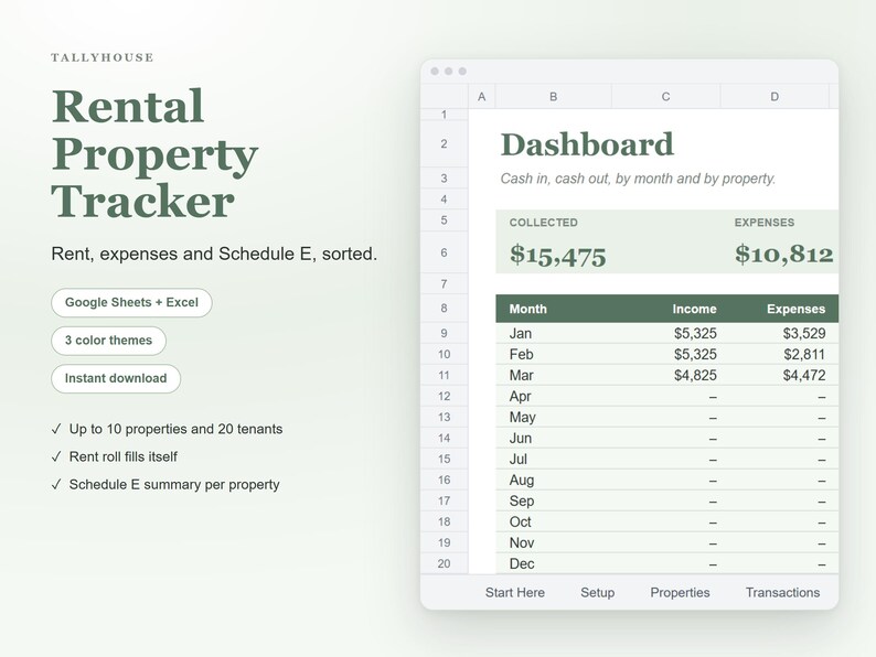 Rental Property Spreadsheet for Landlords, Rent Tracker, Income and Expense Tracker and Schedule E Summary for Google Sheets and Excel imagen 1