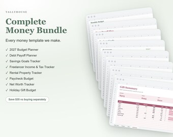 Complete Money Spreadsheet Bundle: 8 Templates, Budget Planner, Debt Snowball, Paycheck Budget, Net Worth, Freelancer and Rental Trackers