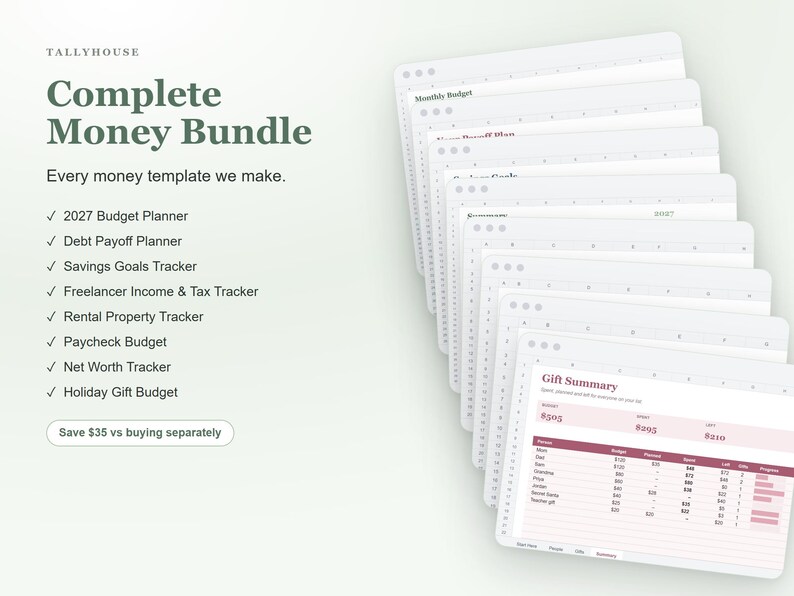 May include: A digital money management bundle by Tallyhouse featuring a stack of spreadsheet templates including a 2027 Budget Planner, Debt Payoff Planner, Savings Goals Tracker, Freelancer Income & Tax Tracker, Rental Property Tracker, Paycheck Budget, Net Worth Tracker, and Holiday Gift Budget.