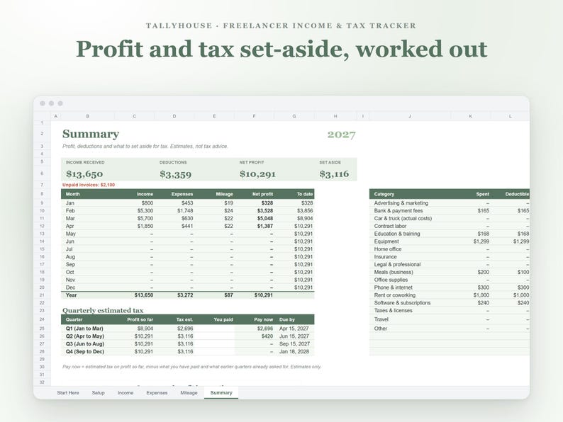 Freelancer Income and Expense Tracker Spreadsheet, Self Employed Tax Estimator, 1099 Quarterly Tax and Mileage Log for Google Sheets image 2