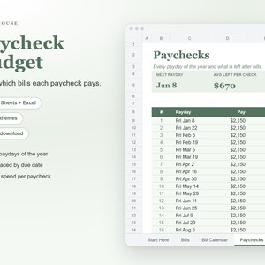 May include: A digital Paycheck Budget spreadsheet template for Google Sheets and Excel. The interface displays a table with columns for paydays, pay amounts, and bills, featuring the text Paycheck Budget and Paychecks.
