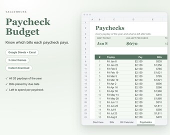 May include: A digital Paycheck Budget spreadsheet template for Google Sheets and Excel. The interface displays a table with columns for paydays, pay amounts, and bills, featuring the text Paycheck Budget and Paychecks.