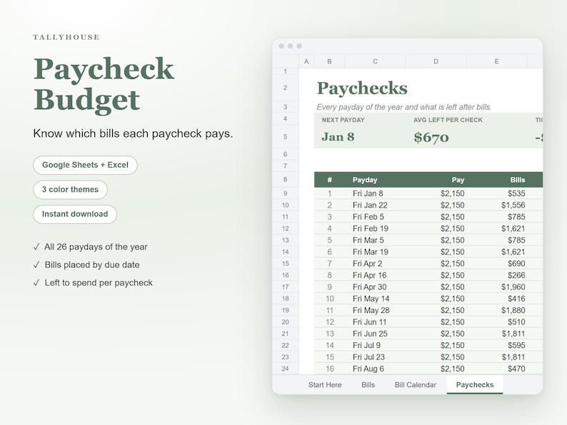 May include: A digital Paycheck Budget spreadsheet template for Google Sheets and Excel. The interface displays a table with columns for paydays, pay amounts, and bills, featuring the text Paycheck Budget and Paychecks.