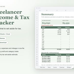 Freelancer Income and Expense Tracker Spreadsheet, Self Employed Tax Estimator, 1099 Quarterly Tax and Mileage Log for Google Sheets image 1