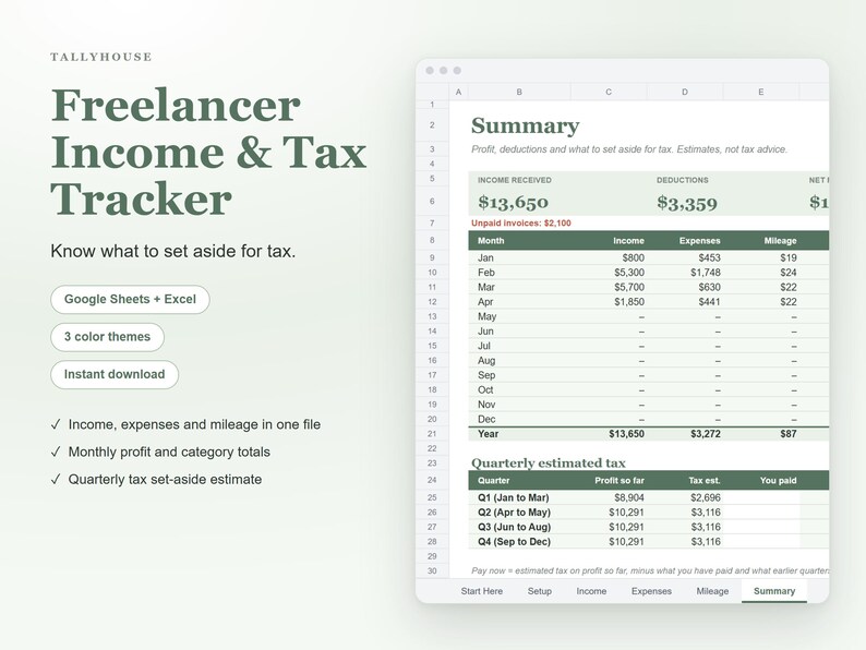 Freelancer Income and Expense Tracker Spreadsheet, Self Employed Tax Estimator, 1099 Quarterly Tax and Mileage Log for Google Sheets image 1