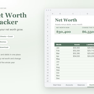 K&ouml;nnte beinhalten: Eine digitale Nettoverm&ouml;gens-Tracker-Tabellenvorlage mit dem Text Tallyhouse Net Worth Tracker. Die Benutzeroberfl&auml;che zeigt Spalten f&uuml;r Monate, Verm&ouml;genswerte und Verbindlichkeiten sowie eine Zusammenfassung des Nettoverm&ouml;gens.