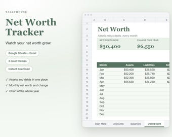 Net Worth Tracker Spreadsheet for Google Sheets and Excel, Monthly Assets and Debt Tracker, Personal Finance Dashboard Template