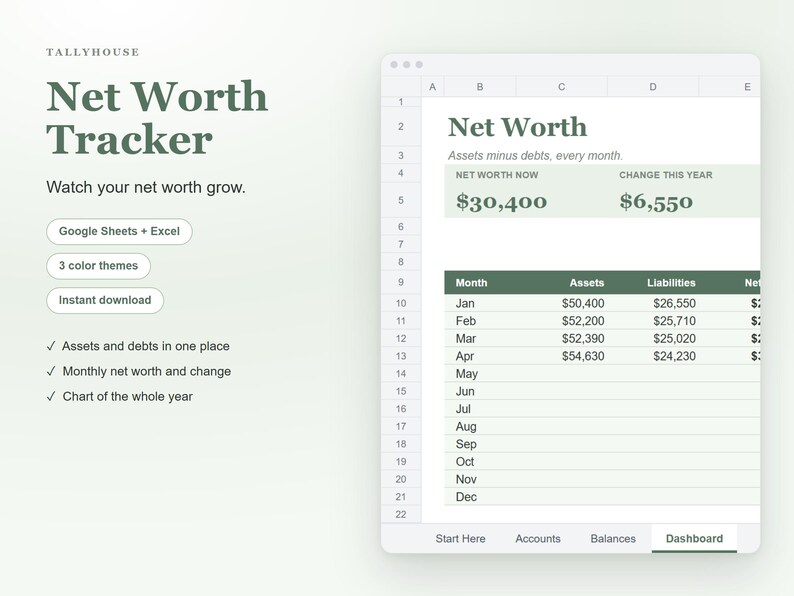 K&ouml;nnte beinhalten: Eine digitale Nettoverm&ouml;gens-Tracker-Tabellenvorlage mit dem Text Tallyhouse Net Worth Tracker. Die Benutzeroberfl&auml;che zeigt Spalten f&uuml;r Monate, Verm&ouml;genswerte und Verbindlichkeiten sowie eine Zusammenfassung des Nettoverm&ouml;gens.