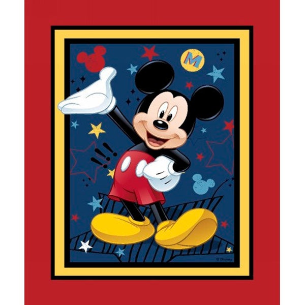 Mickey Mouse quilt top or wall hanging panel - red blue yellow stars - 36" x 43"