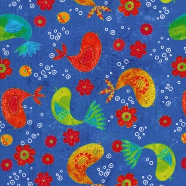 1.5 YARD REMNANT - Lift Your Spirits fabric bird and flowers on royal blue- Timeless Treasures