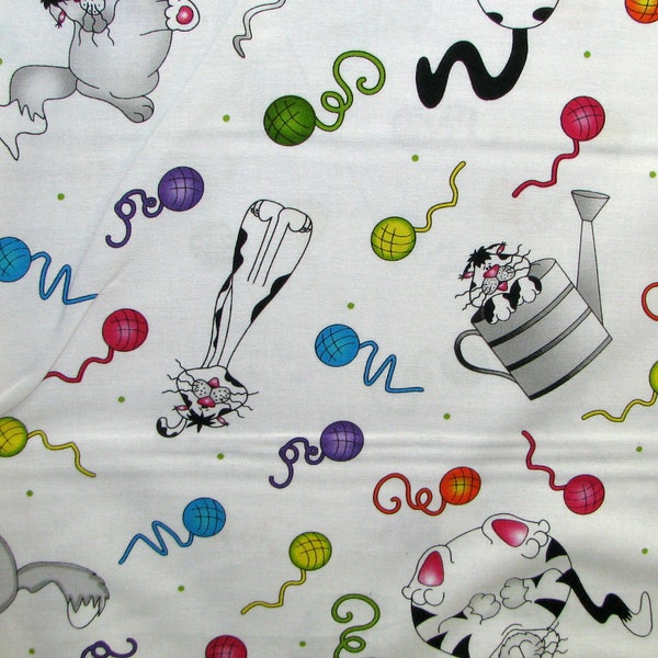 Caterwauling Tales fabric white - RJR - cats mice yarn  - YARD