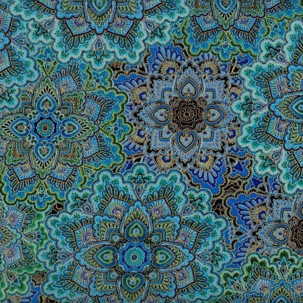 Enchanted Plume Medallions fabric black blues greens metallic gold - Timeless Treasures - by the YARD