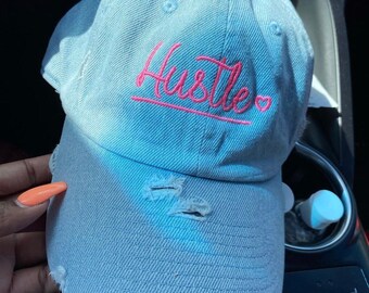 Distressed Denim Hustle Embroidered Dad Hat